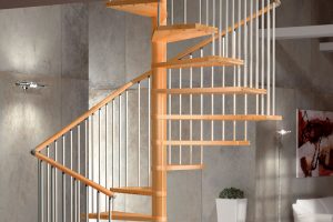 Modular spiral staircase beech treads and handrail with painted steel spindles