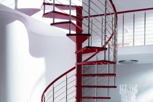 Designer spiral staircase red high gloss finish with chromed balustrade modular based staircase