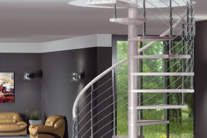 Designer spiral staircase with high gloss lacquer finish and chromed traversal rod style balustrade
