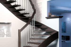Floating staircase open risers with cantilevered treads and chrome or paint finish steel spindles and rectangular style handrails Floating staircase open risers with cantilevered treads and chrome or paint finish steel spindles and rectangular style handrails