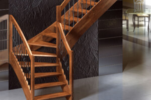 Modular open rise staircase created in beech with feature basket wrought iron spindles Modular open rise staircase created in beech with feature basket wrought iron spindles