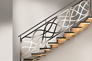 Floating staircase curved treads with laser cut feature stainless steel balustrade1 Floating staircase curved treads with laser cut feature stainless steel balustrade1