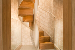Helical spiral stair with feature oak treads Helical spiral stair with feature oak treads