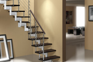Central spine stair space saving sizes with modular styled construction with beech treads and a painted sectional central spine painted steel or chrome balustrade Central spine stair space saving sizes with modular styled construction with beech treads and a painted sectional central spine painted steel or chrome balustrade