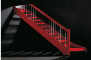 Designer open rise staircase special lacquer finish beech treads and polished chrome spindles and feature rectangular handrails modular styling Designer open rise staircase special lacquer finish beech treads and polished chrome spindles and feature rectangular handrails modular styling
