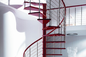 Designer spiral staircase red high gloss finish with chromed balustrade modular based staircase Designer spiral staircase red high gloss finish with chromed balustrade modular based staircase