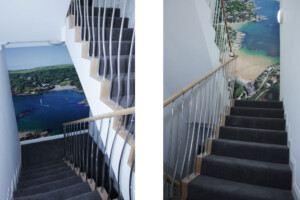 Double curve stainless steel designer spindles with oak handrails London apartment Double curve stainless steel designer spindles with oak handrails London apartment
